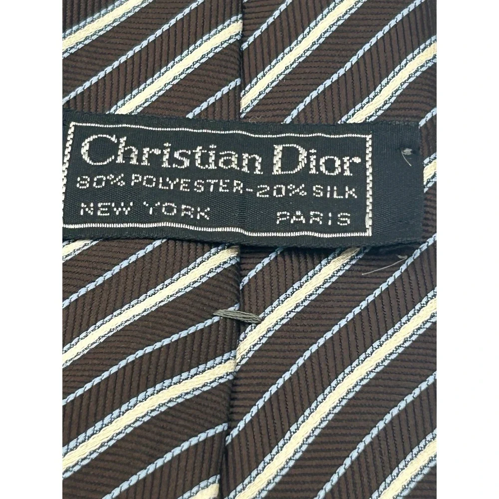 Vintage 1960s Christian Dior Necktie‎ Tie Mens Brown Blue Stripe Poly/Silk